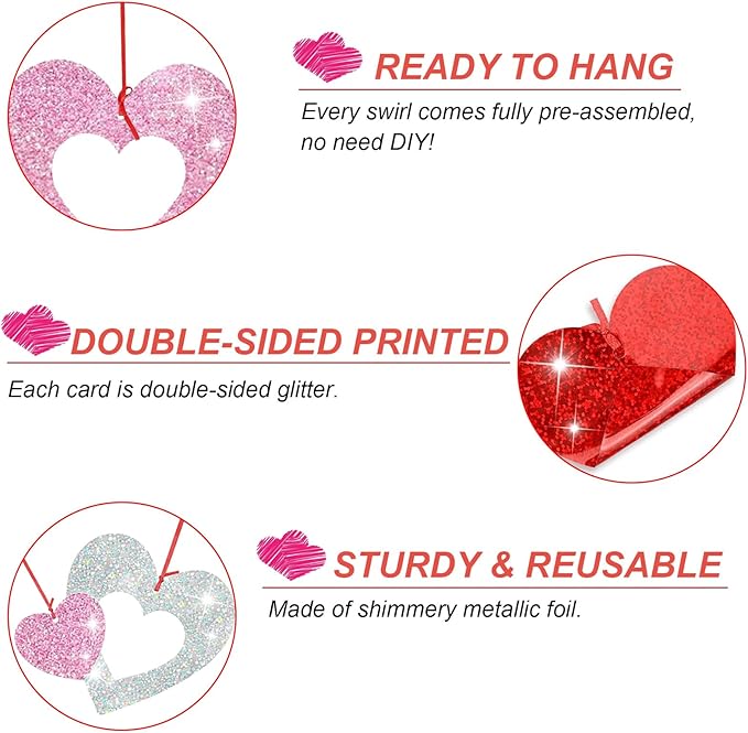 36PCS Valentine's Day Decorations Glitter Heart Hanging Swirls Red