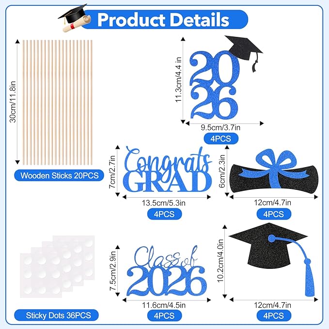 Graduation Decorations 2026, 20 PCS Sparkling Black and Blue