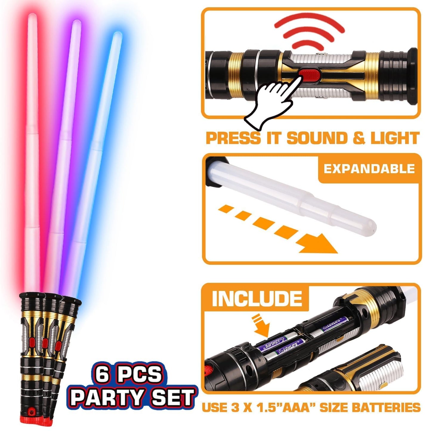 6 Pack Light up Sword Saber with FX Sounds (Motion-Sensitive) and