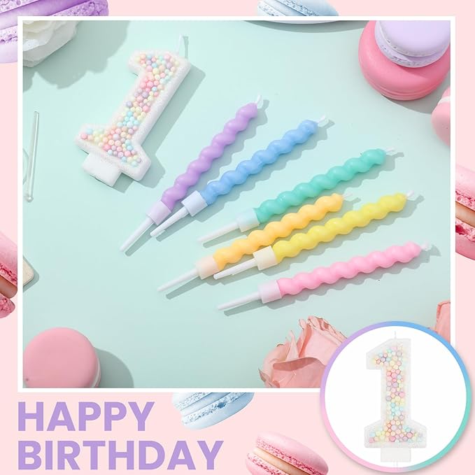 MTLEE Number 1 Birthday Candle with 12 Pcs Spiral Candles for Girls Ma