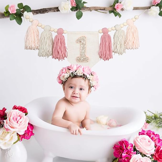 Handmade Boho Pink 1st Birthday High Chair Banner First Highchair