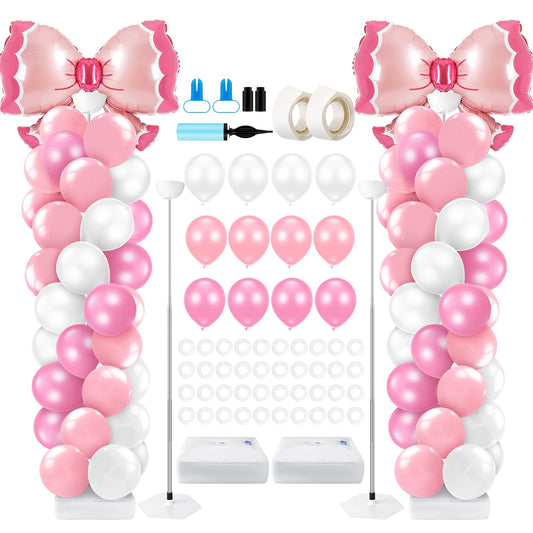 Kasyat 2 Sets Pink Bow Balloon Column Stand Kit with 2 Pink Bow Foil