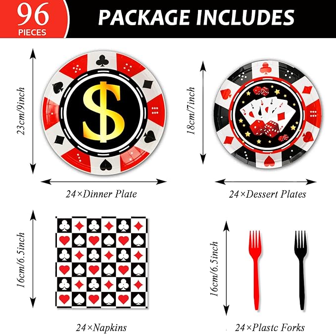 96 Pcs Casino Party Supplies Paper Plates Napkins Las Vegas Party