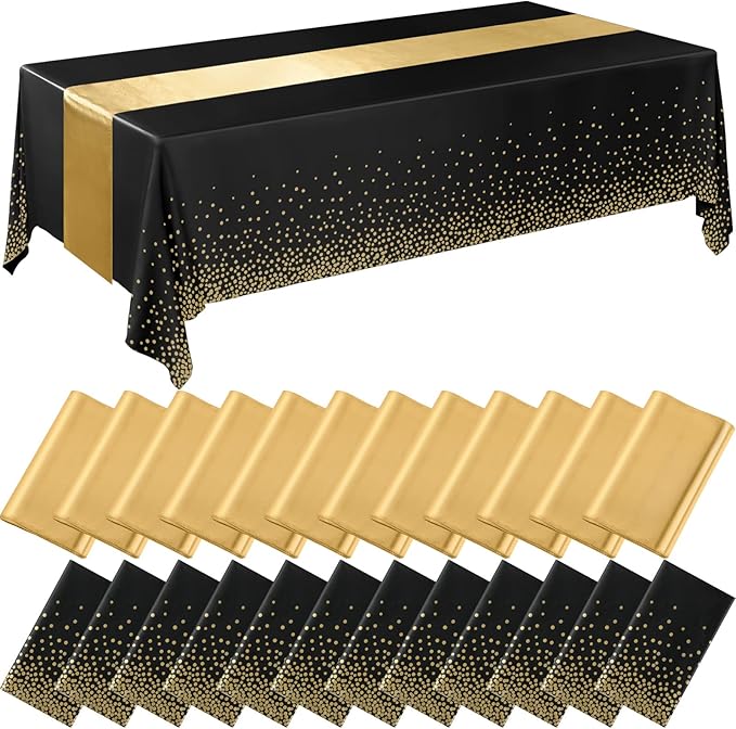 Breling 24 Packs Black and Gold Disposable Plastic Tablecloths and