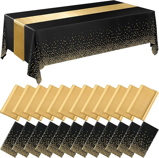 Breling 24 Packs Black and Gold Disposable Plastic Tablecloths and