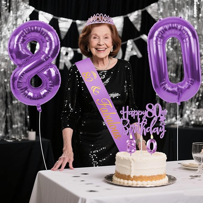 80th Birthday Decorations for Women Purple with 80th Birthday Sash