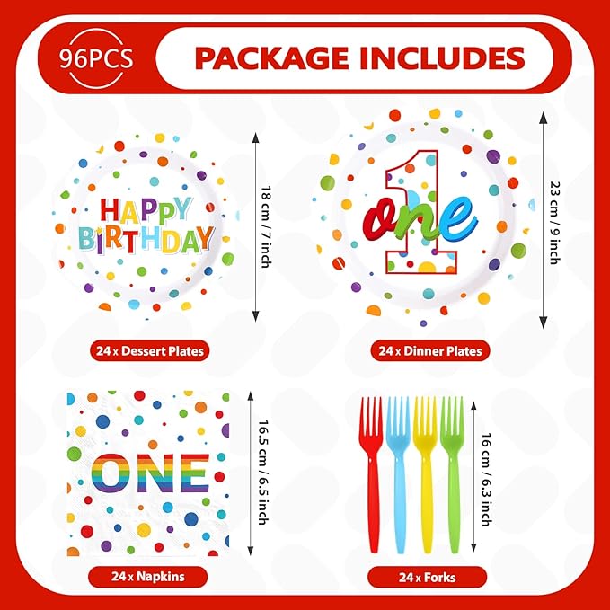 96Pcs Happy 1st Birthday Party Supplies Colorful Polka Dots 1st