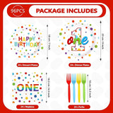96Pcs Happy 1st Birthday Party Supplies Colorful Polka Dots 1st