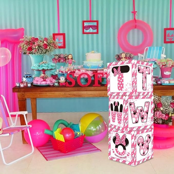 Pink Mouse 2nd Birthday Party Supplies Balloon Box with Letters Pink