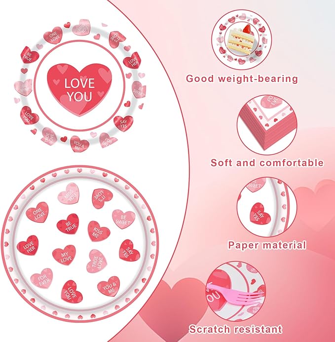 96 Pieces Valentine's Day Tableware Set Red and Pink Heart Message