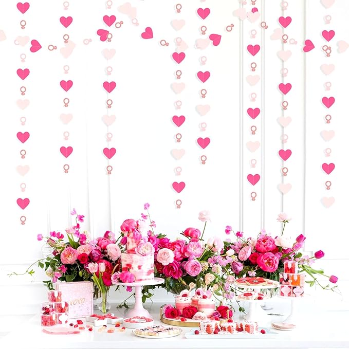 Hot-Pink Rose Gold Heart-Ring Garland - 52Ft Engagement Bachelorette