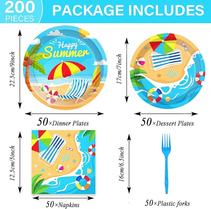 50 Guests Beach Plates and Napkins Party Supplies Summer Birthday