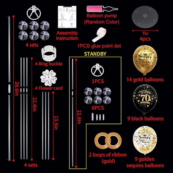 4 Set Black Gold Balloon Stand Kit for Birthday Decorations for 70th