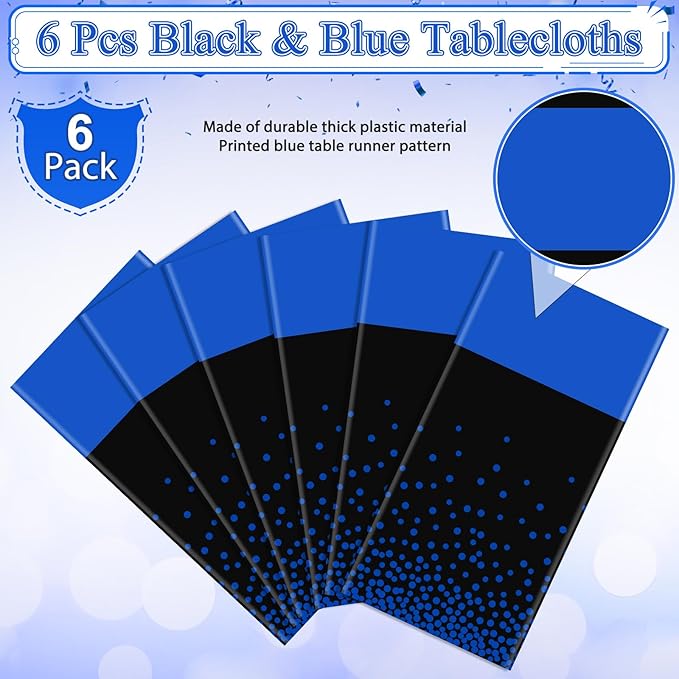 MASHAN 6Pcs Black and Blue Tablecloth Party Decorations,Plastic Black