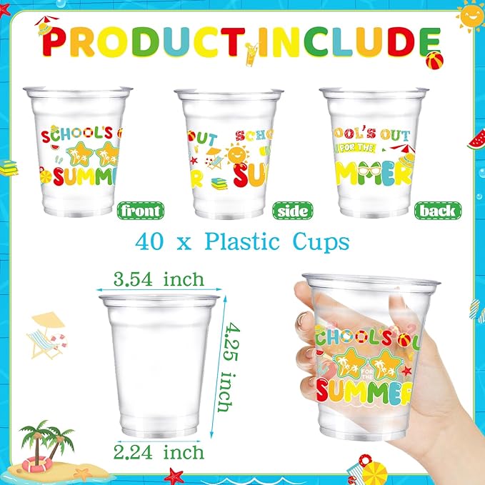 40Pcs School's Out for Summer Party Cups 12oz Drinking Cups End of