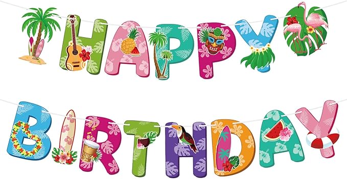 Hawaiian Party Happy Birthday Banner Tropical Luau Birthday Banner