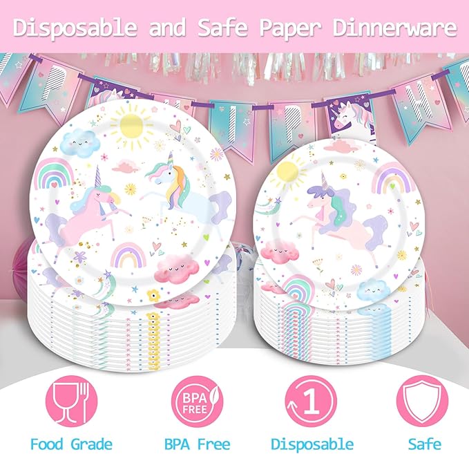 96 Piece Unicorn Party Supplies Set Magical Pastel Rainbow Tableware