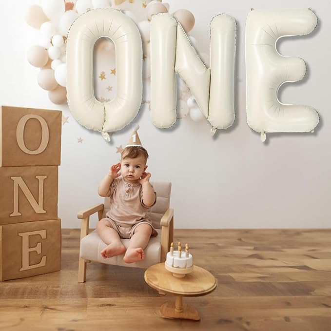 40 Inch Beige One Balloons for 1st Birthday, Cream White Sand One