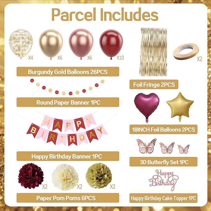Burgundy Rose Gold Birthday Party Decorations 12INCH Wine Red Maroon