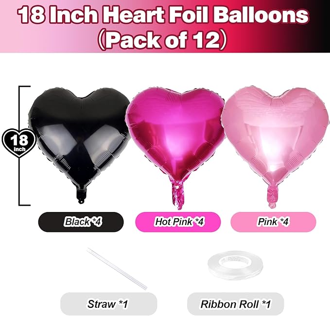 Pink Black Heart Foil Balloons, 12Pcs 18 Inch Hot Pink and Black