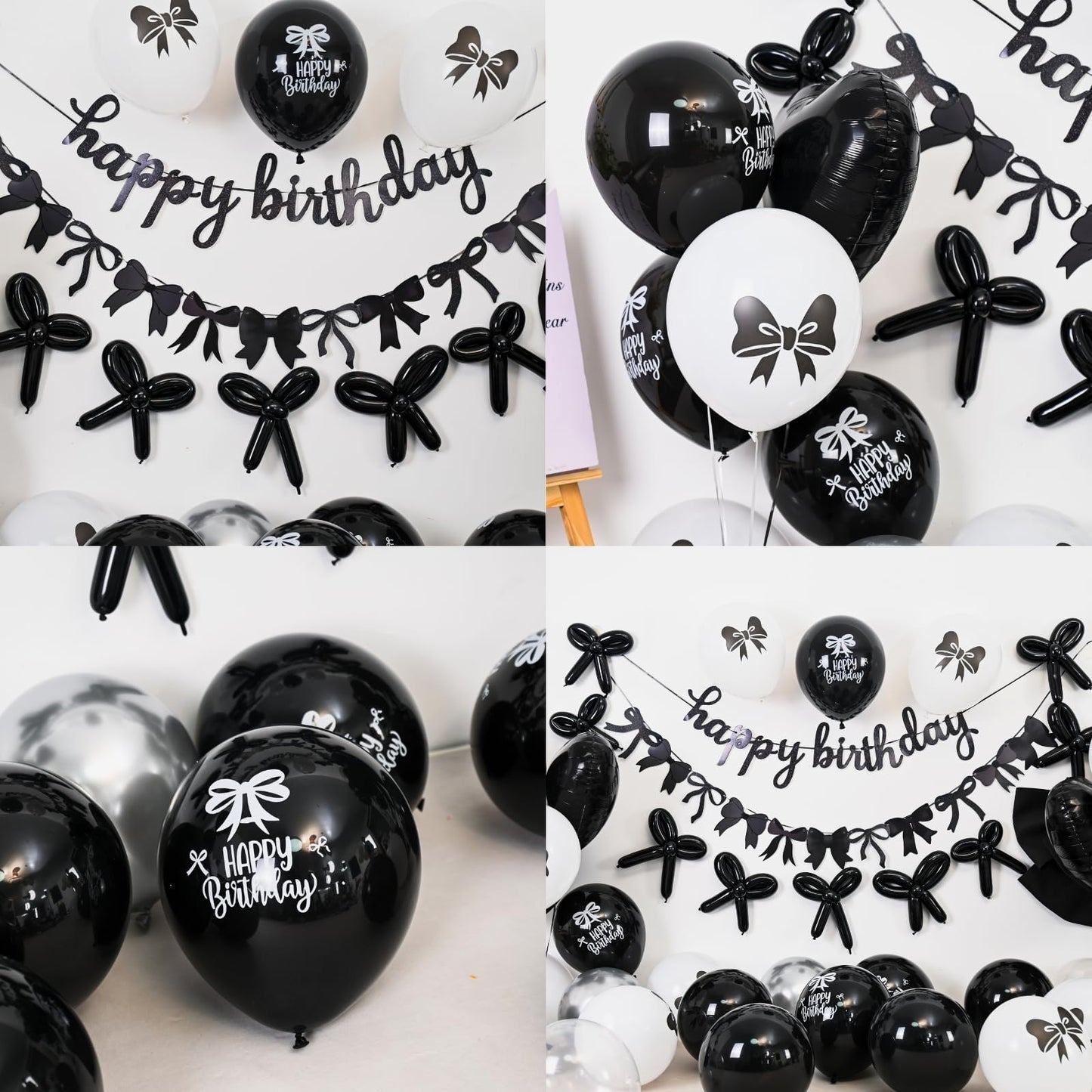 Black Silver White Bow Birthday Decorations, Coquette Party Decor with