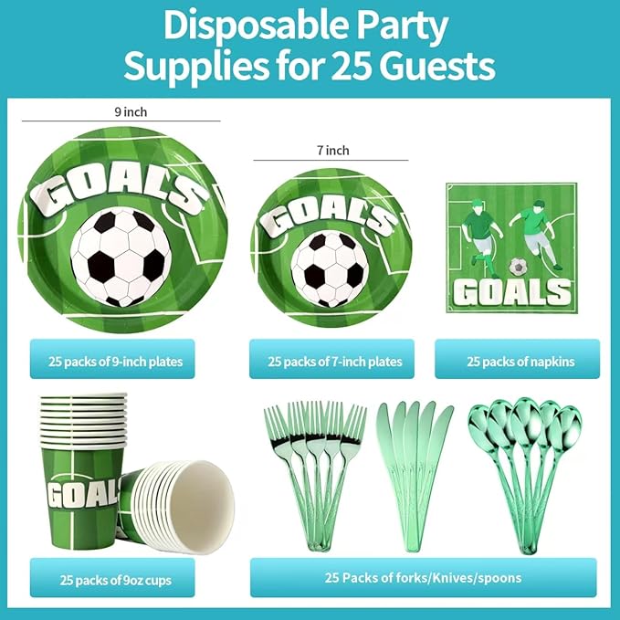 175 Piece Soccer Themed Disposable Plate Set for 25 Guests Party
