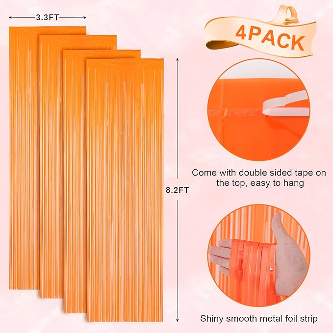 Voircoloria 4 Pack Orange Foil Fringe Backdrop Curtains, Tinsel