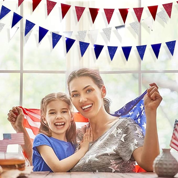 30 Ft Red Silver Blue Triangle Pennant Banner Bunting Hanging Paper