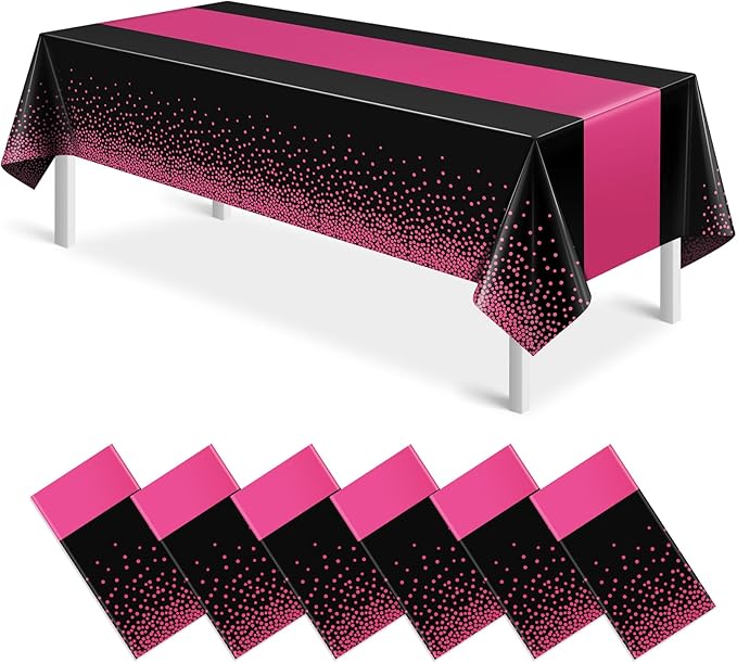6Pcs Black Hot Pink Tablecloth Party Decorations,Plastic Black Table