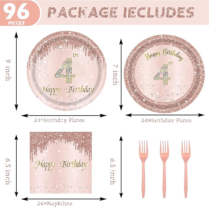 24 Sets 4th Rose Gold Birthday Party Decrations for Girls 4 Birthday