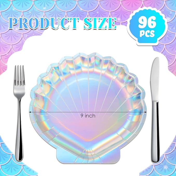 96 Pcs Mermaid Paper Plates Seashell Plates Party Supplies 9 Inch