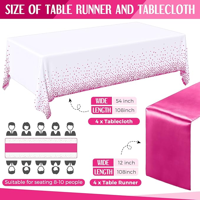 Breling 8 Pack White and Hot Pink Disposable Plastic Tablecloths and