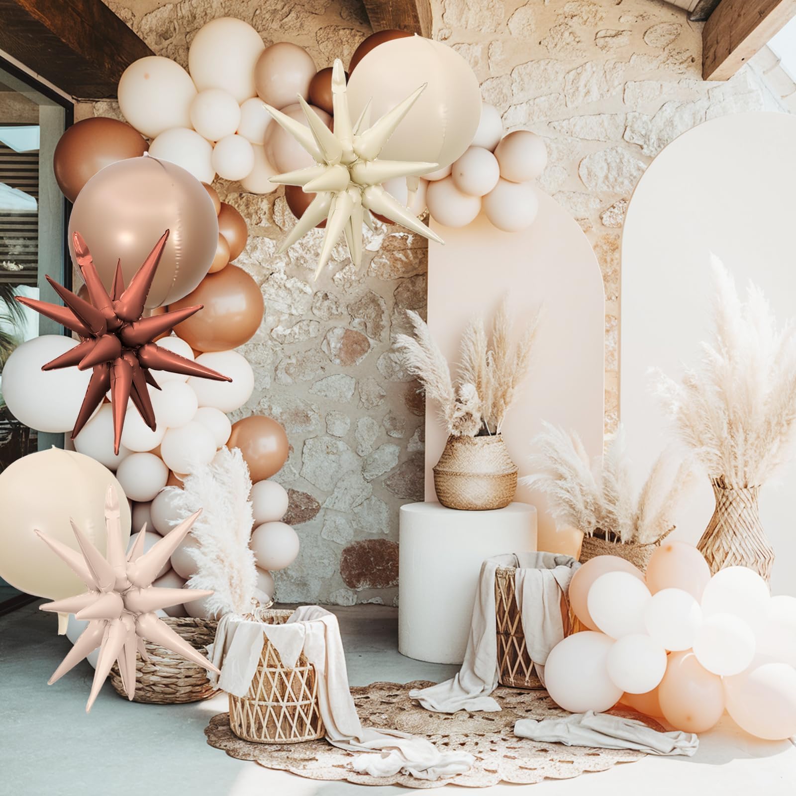 6Pcs Sand White Brown Foil Balloons,22Inch Cream Beige Tan 4D Round