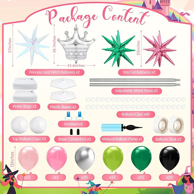 2 Sets Pink and Green Balloon Column Stand Kit Princess Crown and