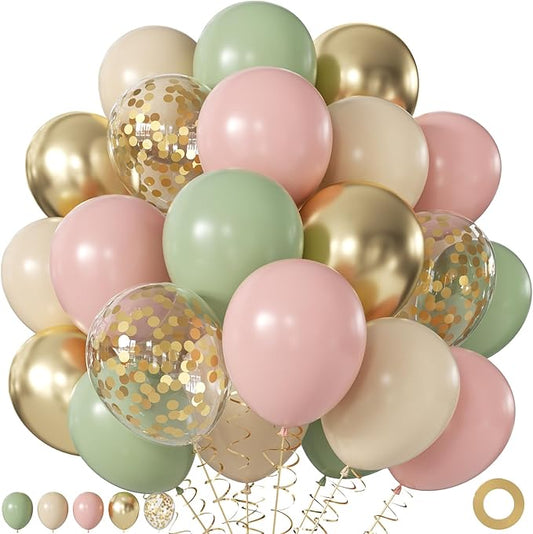 Pink and Green Balloons, 60Pcs 12 Inch Sage Green Pink Sand White