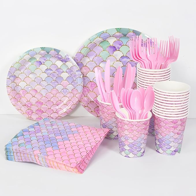 168 Pcs Mermaid Birthday Party Decorations Plates Set for 24 Guests