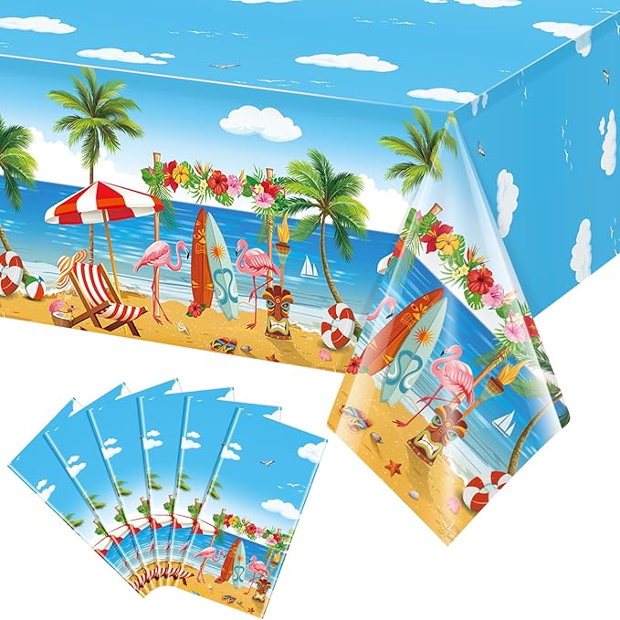 6 Pack Summer Beach Plastic Tablecloth Party Decorations, Disposable