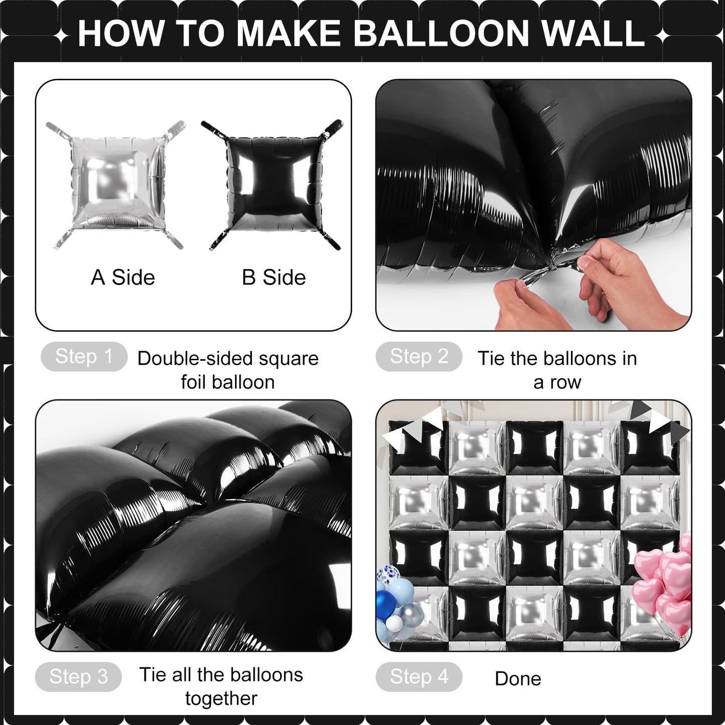 Black and Silver Square Foil Balloons 25 Pcs Metallic Black and Silver