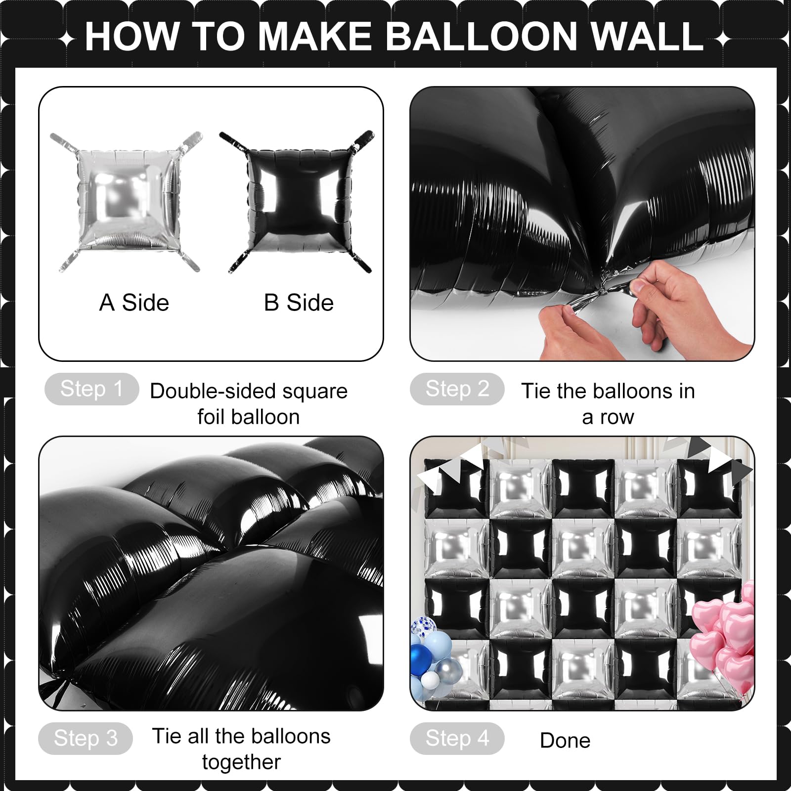 Black and Silver Square Foil Balloons 25 Pcs Metallic Black and Silver