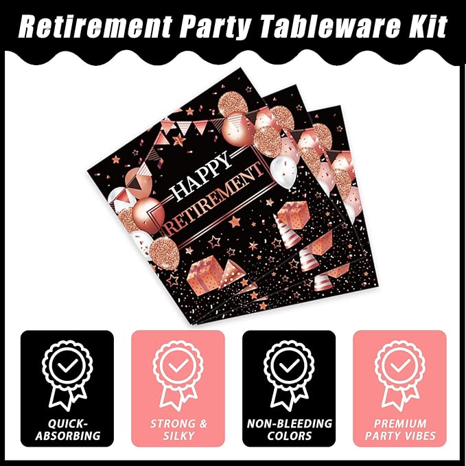 96 Pcs Retirement Party Plates and Napkins Set Rose Gold Happy