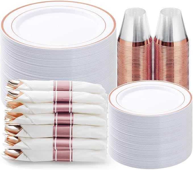 BESTVIP 350PCS Rose Gold Plastic Dinnerware Set, Disposable Party