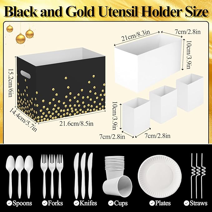 2PCS Black and Gold Utensil Holder Paper Utensil Caddy for Retirement