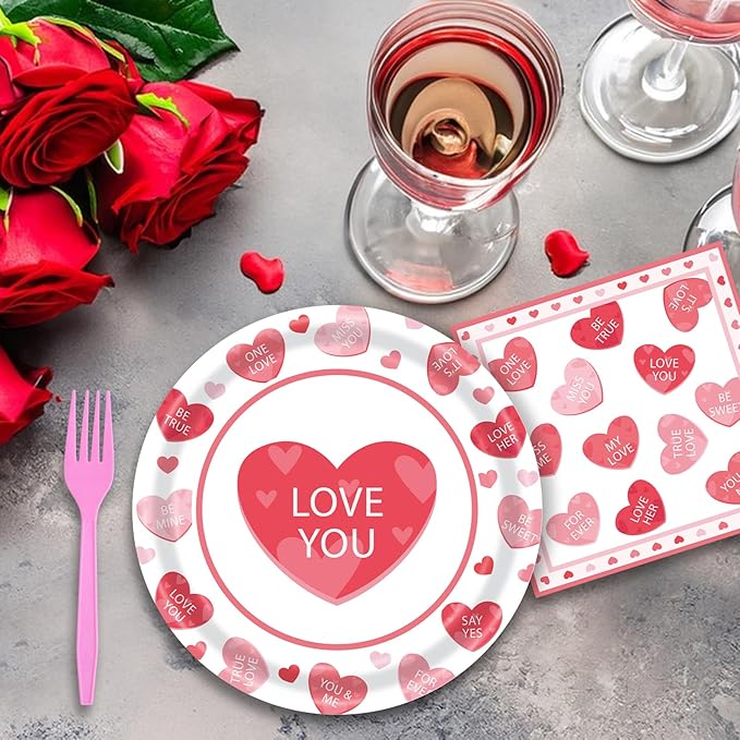 96 Pieces Valentine's Day Tableware Set Red and Pink Heart Message