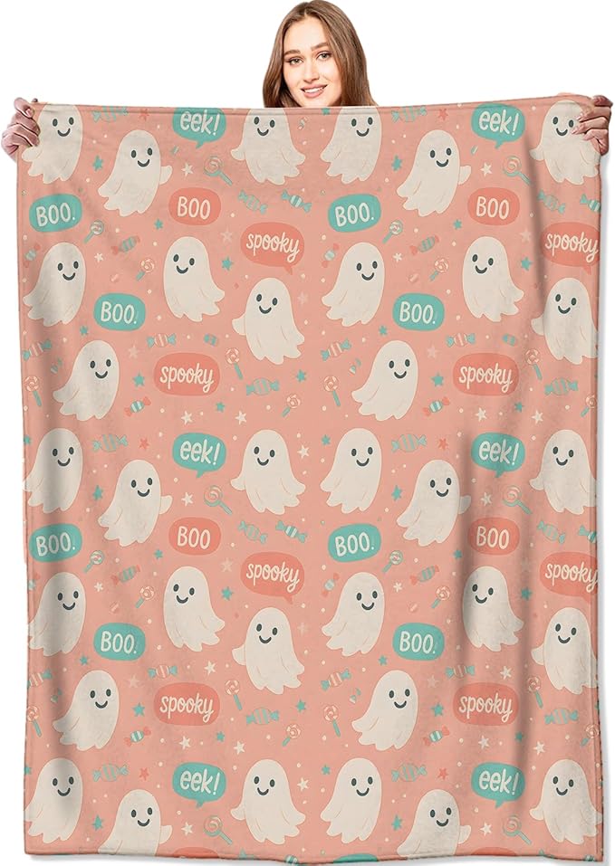 Cute Pink Ghost Blanket Halloween Fall Holiday Decor Gothic Candy