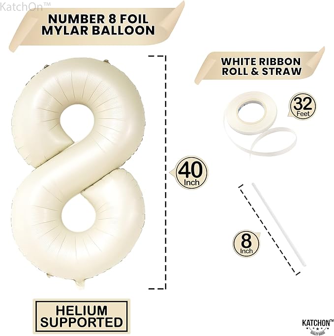 KatchOn, Giant Cream White Number 8 Balloon - 40 Inch | 8th Birthday