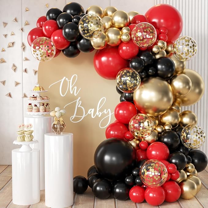 155Pcs Red Black Gold balloons Garland Arch Kit with Gold Confetti