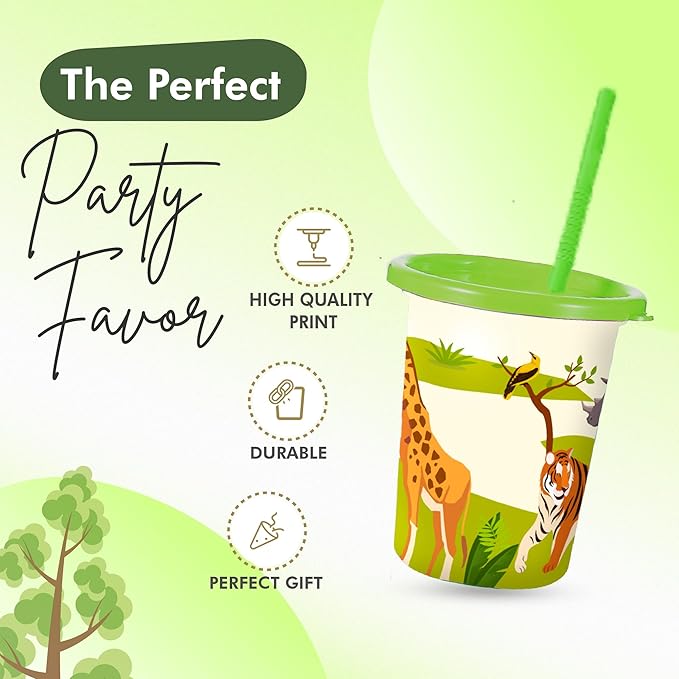 Safari Party Decorations Set of 12 Zoo Animal Cups with Lids and