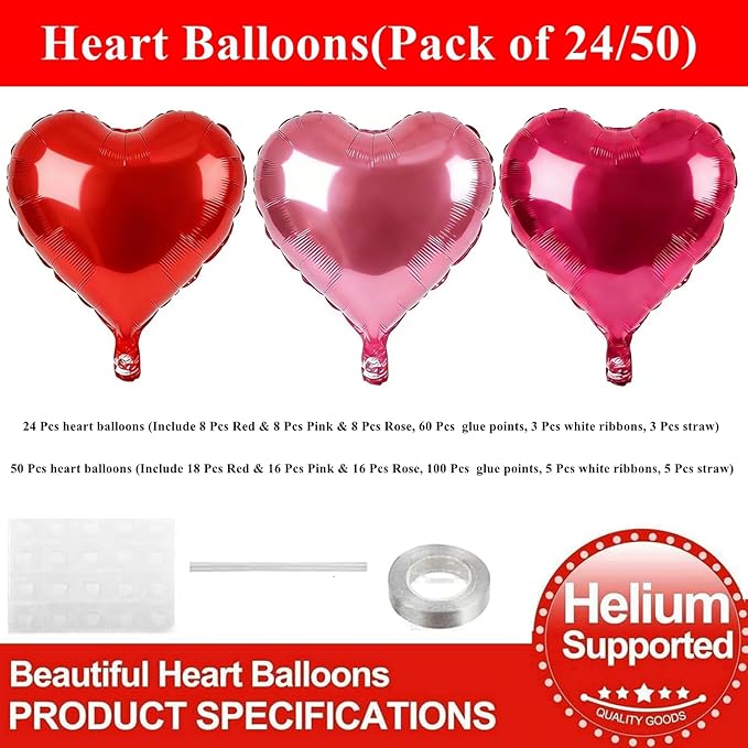 18 Inch Rose & Pink & Red Heart Balloons 24 Pcs Valentine's Day Foil