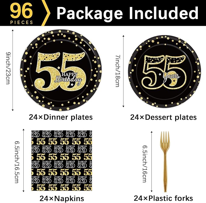 96 Pcs 55th Birthday Party Supplies 55th Birthday Tableware Plates