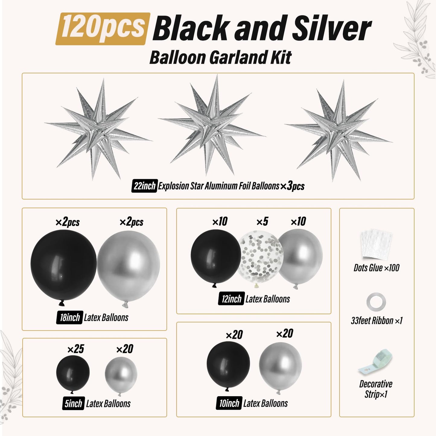FOTIOMRG Black and Silver Balloons Garland Arch Kit with 3pcs Star